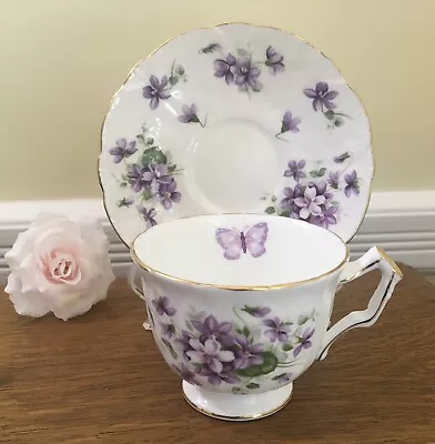 Buy Vintage AYNSLEY English Bone China Teacup & Saucer Purple Violets & Butterflies • 26.06£