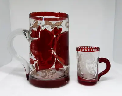 Buy 2 Small Antique Victorian Bohemian Cranberry Stained Glass Mugs Etched Dog C1850 • 18.99£
