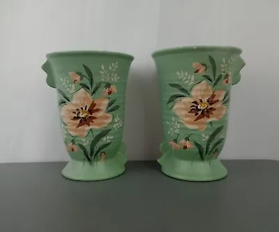 Buy Pair - Vintage Brentleigh Ware Dunstan Pottery Green Hand Painted Art Deco Vases • 50£