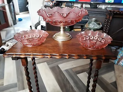 Buy Antique  Cut Glass Luminous Rose Pink Table/ Sideboard Friut Dish Set • 10.99£