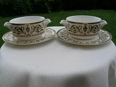 Buy 2 Royal Worcester Windsor Pattern Cream Soup Coupes & Saucers Green & Gold • 50£