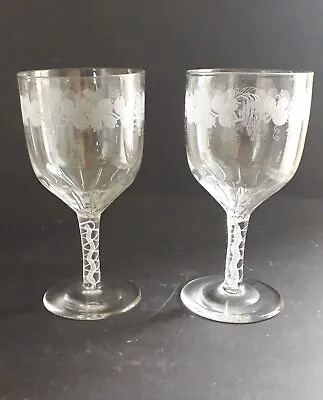 Buy Victorian 19s ETCHED GRAPE & VINE Cotton Twist Stem Wine Goblets Glass  • 70£