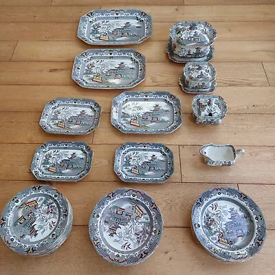 Buy 36 Pieces From Large Dinner Set Of Burleigh Ware 'Old Willow', Gilt Grey & White • 245£
