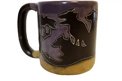 Buy Signed Mara Mexican Pottery Stoneware Coffee Mug. Wolves, Brown, Gold & Purple; • 18.89£