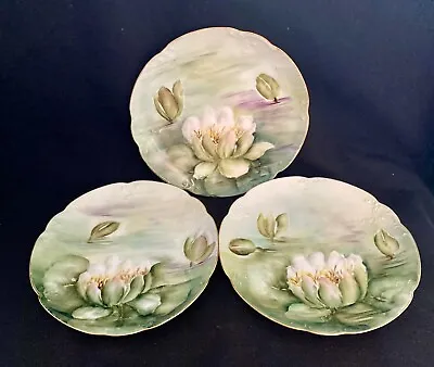 Buy 3 Vintage Antique Bavarian Hand Painted Water Lilies Decorative Porcelain Plates • 43.57£