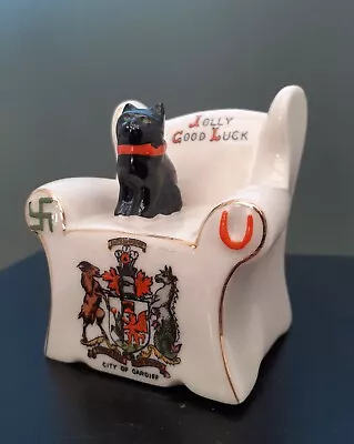 Buy Ornament. Crested China Carlton Black Cat Jolly Good Luck Chair Cardiff Crest • 12£