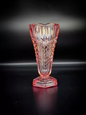 Buy Art Deco Davidsons 8  Clear Pink Pressed Glass Chevron Footed Vase 1930s • 5.99£