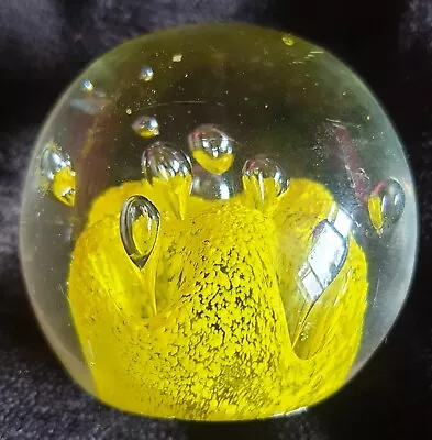 Buy Glass Paperweight Vintage Collectors Yellow Mottled Base Controlled Bubble #8 • 15£