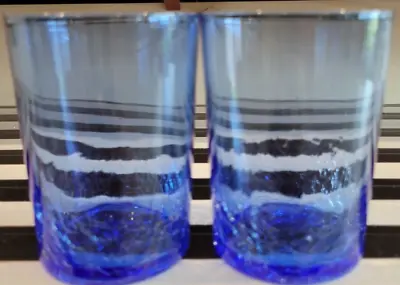 Buy 2 Cobalt Blue Crackle Glass Juice Drinking Tumblers  Holds 6 Ozs • 30.35£