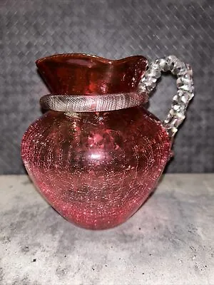 Buy Vintage Cranberry Glass Hand Blown Jug Pitcher Twisted Rope Handle Crazed Finish • 29.99£