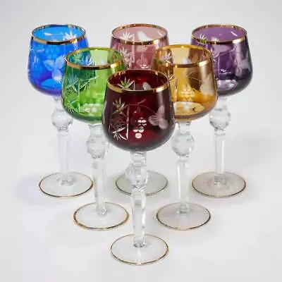 Buy Bohemian Style Gilt Cut To Clear Multi Colored Wine Hock Glasses 6pc Set 8.5  • 189.99£
