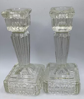 Buy Beautiful Vintage Clear Glass Square Based Candlesticks  • 18£