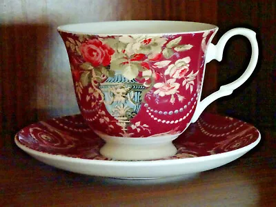 Buy Laura Ashley - Tea Cup And Saucer - Fine Bone China - Red Floral • 19.99£