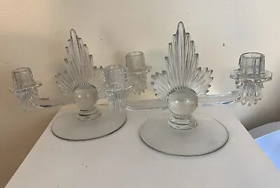 Buy Pair Vintage Art Deco Fostoria Flame Glass Double Candlesticks Candleholders • 34.96£