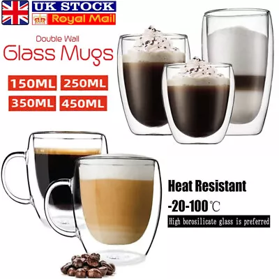 Buy Double Wall Glass Coffee Mug Insulated Tea Cup Heat-Resistant Thermal Handle Cup • 27.99£