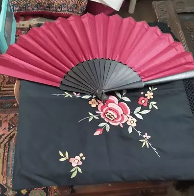 Buy Vintage Spanish Style Shaw / Piano Shawl And Victorian Mourning Fan • 1.99£