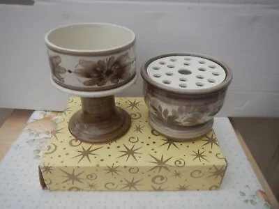 Buy Vintage Jersey Pottery Pedestal Vase/candle Holder & Posy Vase/flower Frog Brown • 14.99£