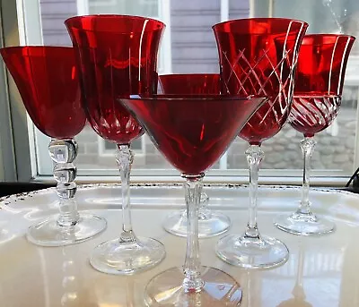 Buy Art Deco Ruby Red Water Wine Cocktail Glass Curated Cut To Clear Collectible-6 • 66.40£