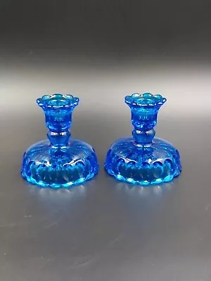 Buy Set Of 2 Vintage Royal Colonial Blue Glass Thumbprint Candle Holders Fenton? • 23.63£