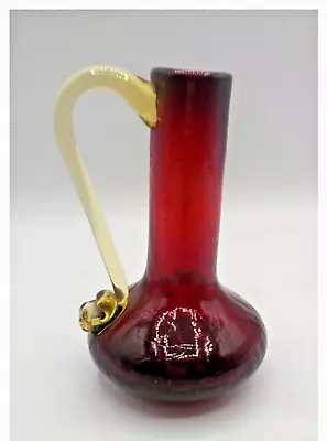 Buy Blown Red Crackle Glass Jug Pitcher Vase Applied Light Amber Handle 4 1/2  Tall • 7.72£