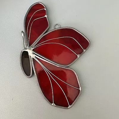 Buy Vintage Hanging Stained Leaded Glass Art Butterfly Red/Orange Wings Black Body • 23.79£