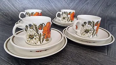 Buy Meakin Poppy Pattern Tea Cups And Saucers Side Plate Trios X 4 MCM Retro • 16£