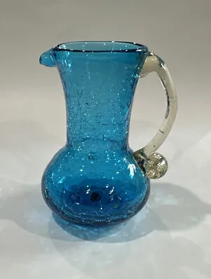 Buy Antique Crackle Glass Vase Pitcher Blue With Clear Handle • 11.42£