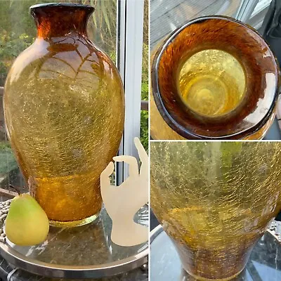 Buy 👀15” Vintage Heavy Large Blenko? Vase Amber Crackle Baluster Vase 🎁 • 145£