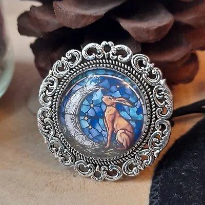 Buy Moon Gazing Hare Pin Brooch Stained Glass Silver Frame 35mm  And Gift Pouch • 7.99£