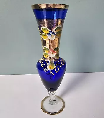 Buy Bohemian Style Cobalt Glass Vase Raised Enamel Flower • 8.60£