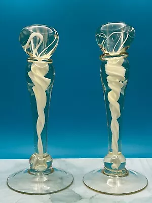 Buy Pair Of MCM Art Glass Candlestick Holder Heavy White Swirl Candleholder • 84.84£