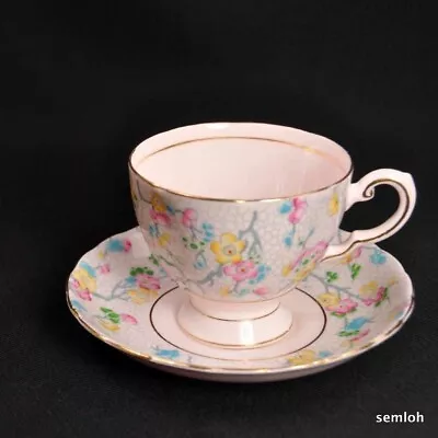 Buy Plant Tuscan Footed Cup & Saucer Enamel Flowers Webbing Pale Pink Gold 1947-1960 • 37.45£