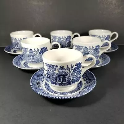 Buy 6 Churchill England Blue Willow Tea Cups & Saucer Set Vintage Lot Teacup Mug EXC • 28.45£