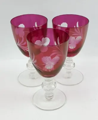 Buy 3x Cranberry Red Flash Cut 12.5cm/160ml Small Wine Sherry Port Glasses -Vintage • 14£