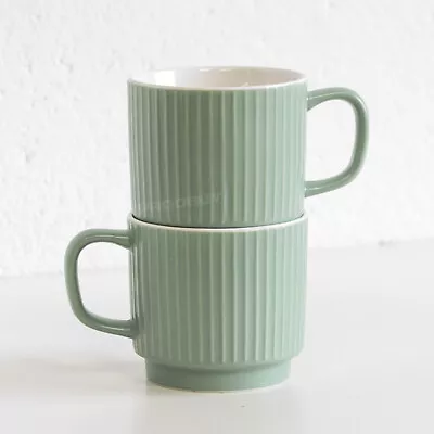 Buy Set Of 4 Sage Green Fine China Coffee Mugs 13oz Large 370ml Stackable Tea Cups • 23£