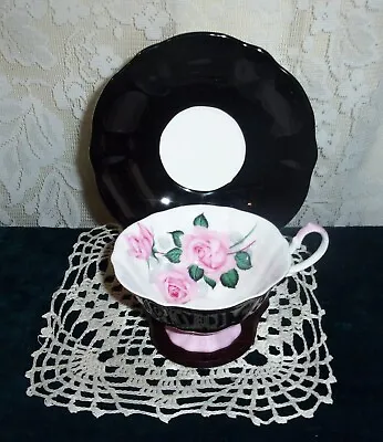 Buy Princess Anne Cabbage Rose On Black Fine Bone China Tea Cup And Saucer 5856 • 33.62£