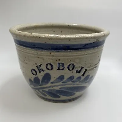 Buy Pottery Blue Salt Glaze Utensil Crock Okoboji & Blue Branch With Leaves Signed • 27.38£