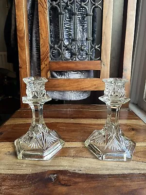 Buy Vintage Pair Of Pressed Glass Candle Stick Holders - Hexagonal Base • 10.62£