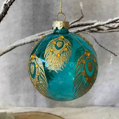 Buy Gisela Graham Peacock Collection Feather Glass Baubles Vintage Glitter Christmas • 4.69£