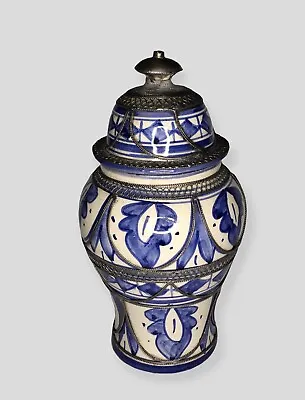 Buy Antique Moroccan 11” Blue And White Ceramic Urn Vase W/Silver Filigree Inlay • 287.91£