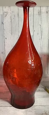 Buy Vtg. Crackle Tall Red/Orange Glass Vase Hand Blown Tall Thin Neck Not Marked • 289.25£
