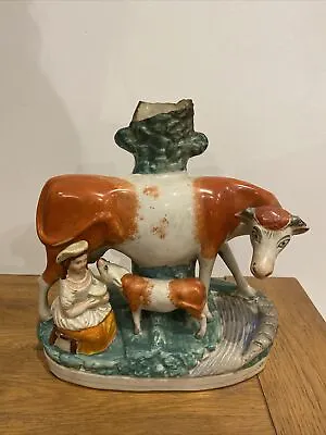 Buy Antique Victorian Staffordshire Figure Of A Cow Milk Maid Calf Pottery Ornament • 50£