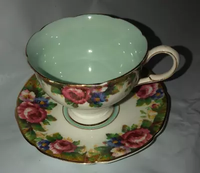 Buy Paragon Fine Bone China Double Mint Green Gold Tapestry Rose Corset Cup & Saucer • 28.90£