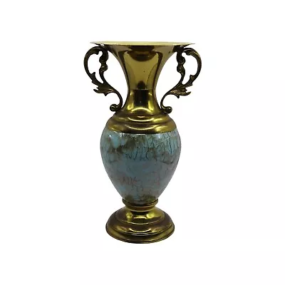 Buy Mid Century Modern Delft Holland Hand Painted Turquoise And Brass Handled Vase • 65.44£