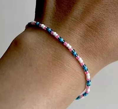Buy Seed Bead Cute Petite Elastic Friendship Beaded Pink Blue Bracelet Gift For Her • 2.85£