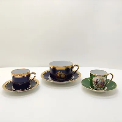 Buy Vintage 6 Pcs Limoges Cobalt Blue &Green Tea Cup & Saucer Victorian Couple Gold • 66.59£