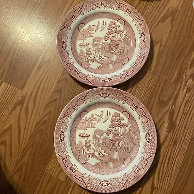 Buy Churchill England Red Rosa Pink Willow Dinner Plates Asian Gardens 10 3/8  Set 2 • 21.10£