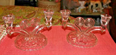 Buy Vintage Clear Glass Victorian Style Candlestick Holders Pair Hearts Berries • 38.12£