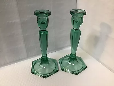 Buy Vintage Fenton Green Glass Candlesticks Candle Holders 8.5” High Pair • 23.75£