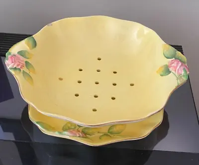 Buy Vintage Royal Winton Rosebud Yellow Strawberry Salad Drainer Bowl & Stand 9.5 In • 5£